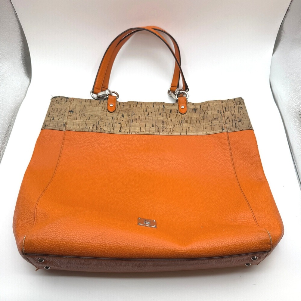 Lauren Ralph Lauren Tote Bag Large Orange Cork Trim Leather Shoulder Handbag